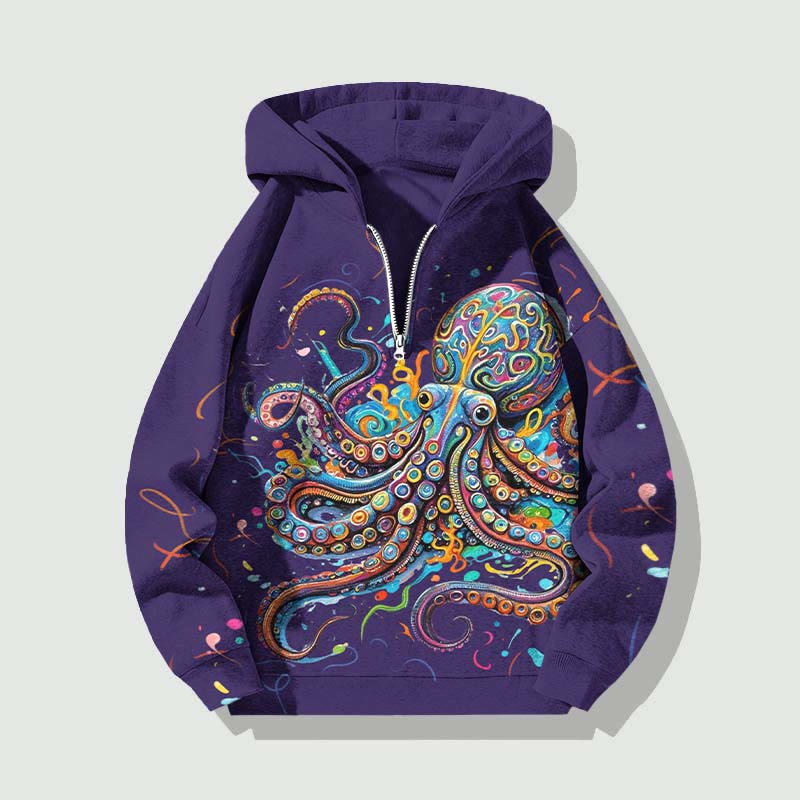 Unisex Vintage Rainbow Octopus Half Zip Hoodie - Purple - US32-34(5XL) - image 3