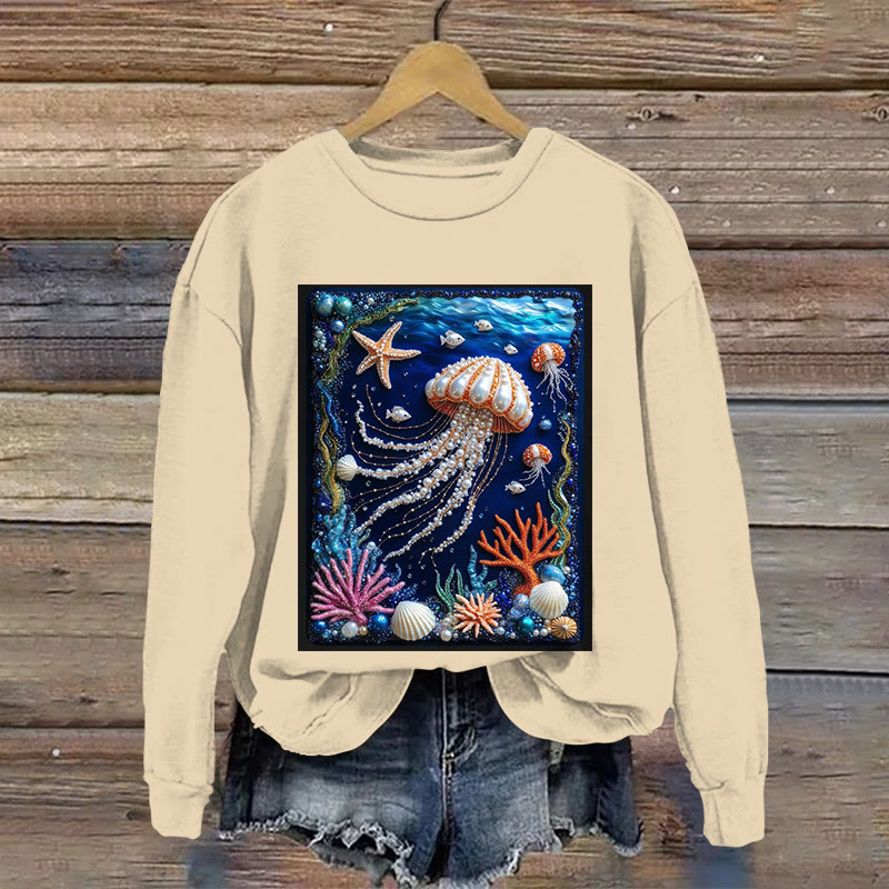 Jellyfish And Coral Jewelry Print Long Sleeved Sweatshirt - Apricot - US16-18(2XL) - image 3