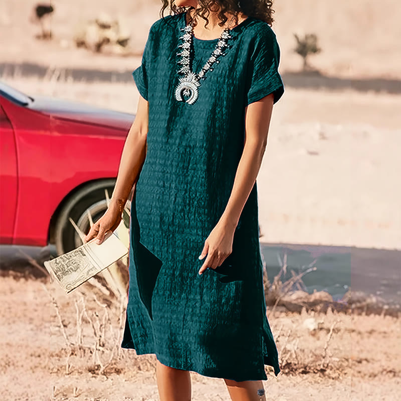 Elegant Solid Wrinkled Texture Round-neck Short-sleeve Slits Dress - Dark Green - 3XL - image 9