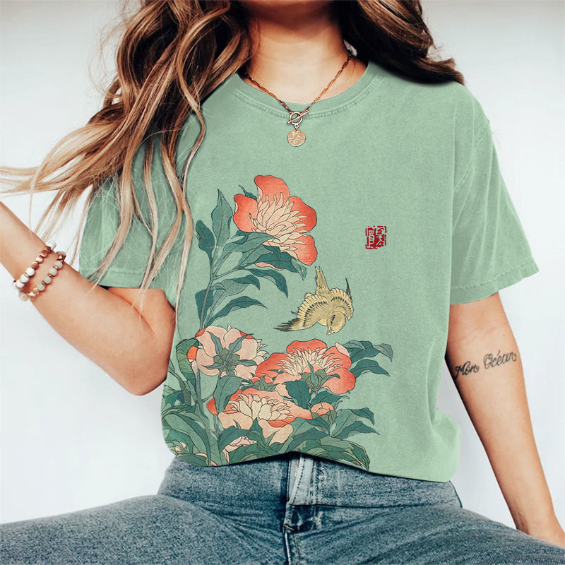 100% Cotton Flower Print T-shirt - Green - 2XL - image 4