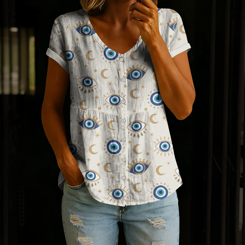 Creative Eye & Moon Pattern Print Button V-neck A-line Short-sleeve Blouse - Beige - 4XL - image 1