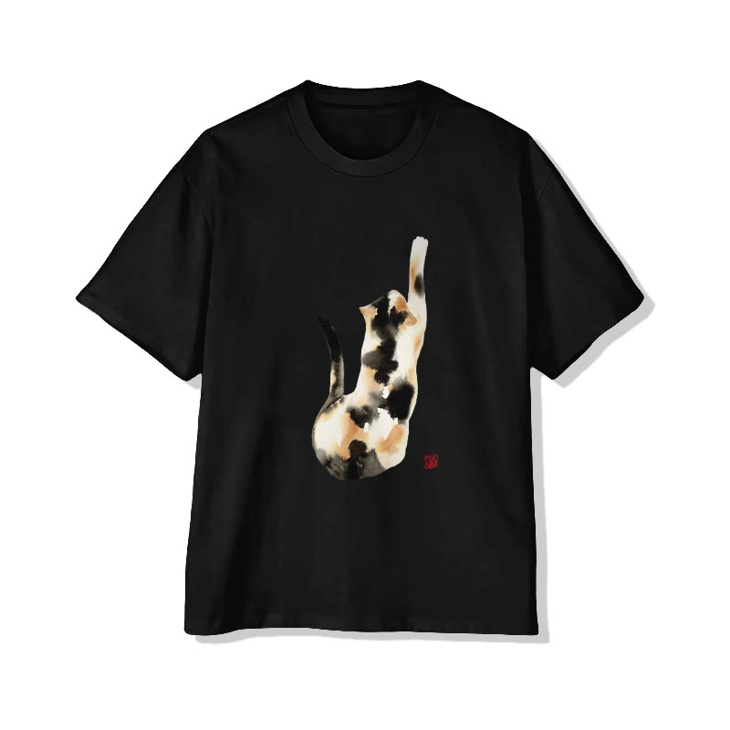 Unisex Watercolor Mixed-color Cat Print Short Sleeved Crew Neck T-shirt - Black - 2XL - image 3