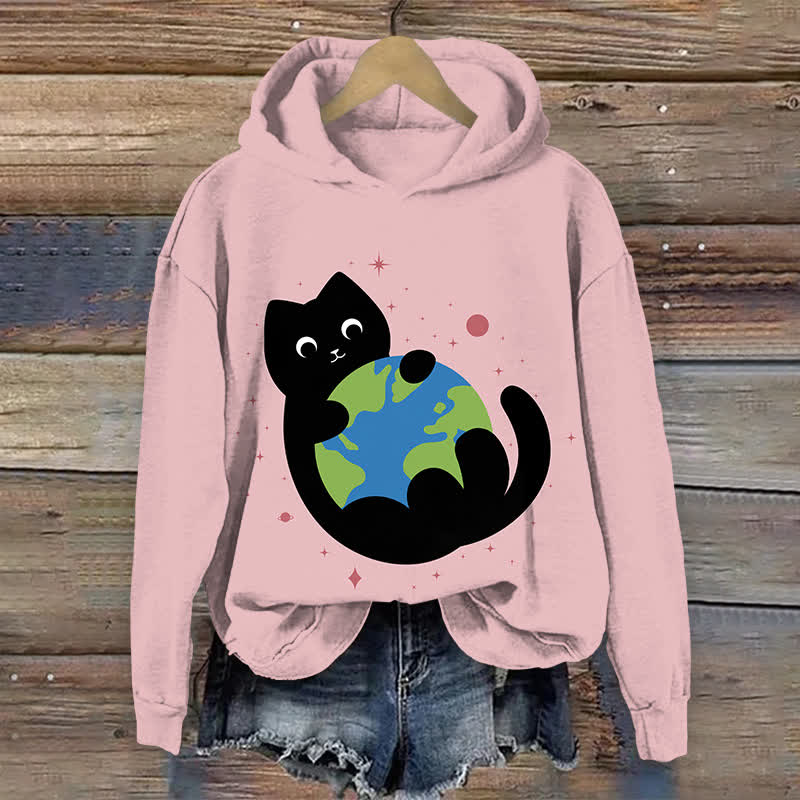 Japanese Lovely Black Cat Holding The Earth Art Print Long Sleeve Hoodie - Pink - US44-46(8XL) - image 3