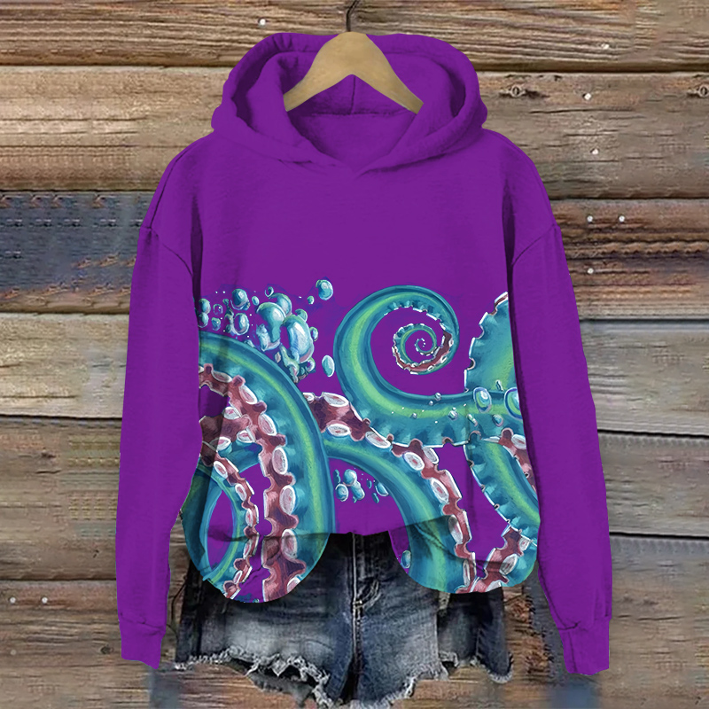 Vintage Cartoon Bubble Octopus Tentacles Art Print Long Sleeve Hoodie - Purple - US44-46(8XL) - image 3