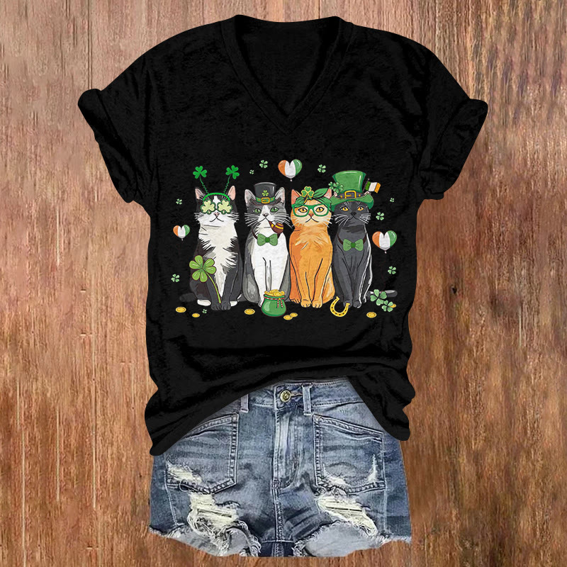 St. Patrick's Day Cat Squad Pattern Short Sleeved V-Neck T-Shirt - Black - US32-34(5XL) - image 4