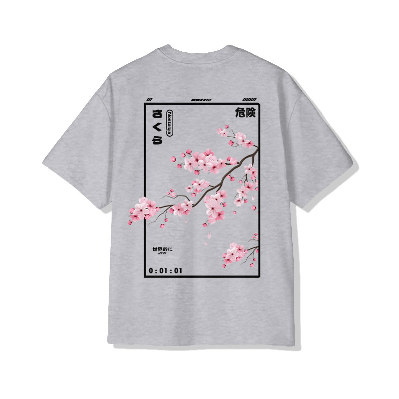 Unisex Cherry Blossom Print Short-Sleeve Crew Neck T-Shirt - Grey - 2XL - image 5