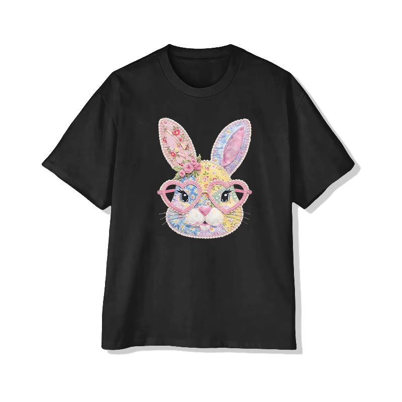 Easter Glasses Bunny Garden Flowers Print Pattern Cotton Print T-shirt - Black - US16-18(2XL) - image 5