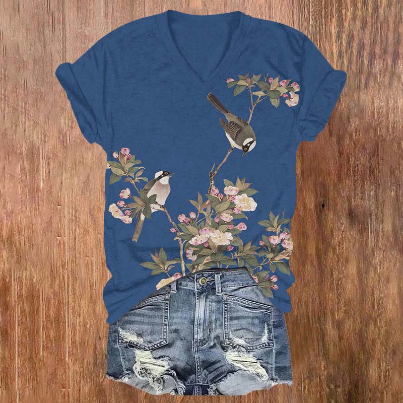 Japanese Vintage Birdsong And Flowers Artprint V-neck T-shirt - Blue - US32-34(5XL) - image 4