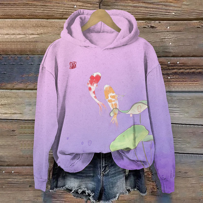 Ombre color Fish in pond Print Long Sleeve Hoodie - Purple - US44-46(8XL) - image 3