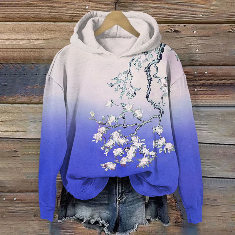 Japanese Watercolor Print  Rabbits On The Tree Long Sleeve Hoodie - Blue - US44-46(8XL) - image 5