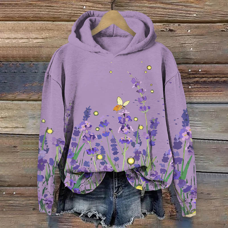 Vintage Watercolor Wild Lavender Print Long Sleeve Hoodie - Purple - US44-46(8XL) - image 3