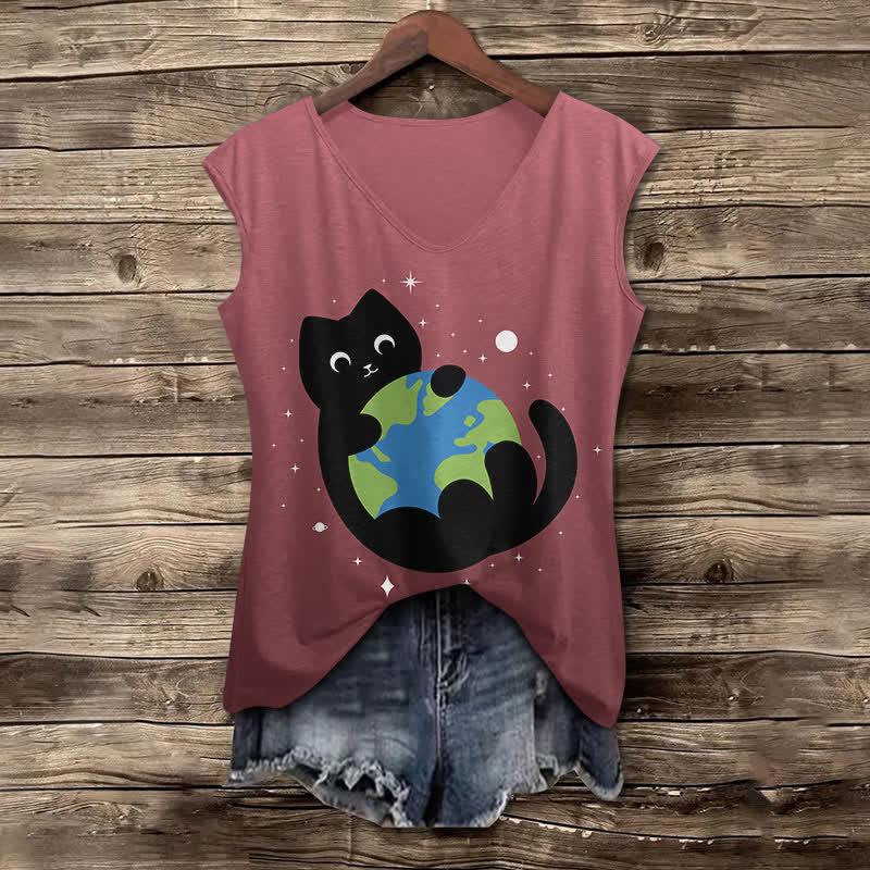 Women's Funny Cat Holding The Earth Art Print V-neck Tank Top - Wine - 5XL - image 6