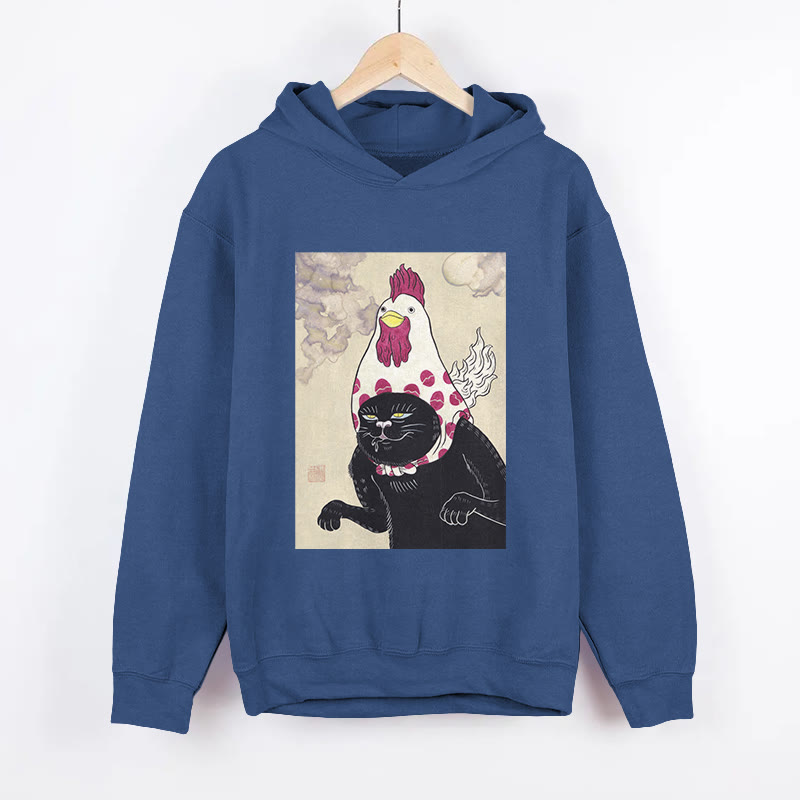Unisex Cat And Rooster Hijinks Pattern Long Sleeved Hoodie - Dark Blue - US44-46(8XL) - image 4