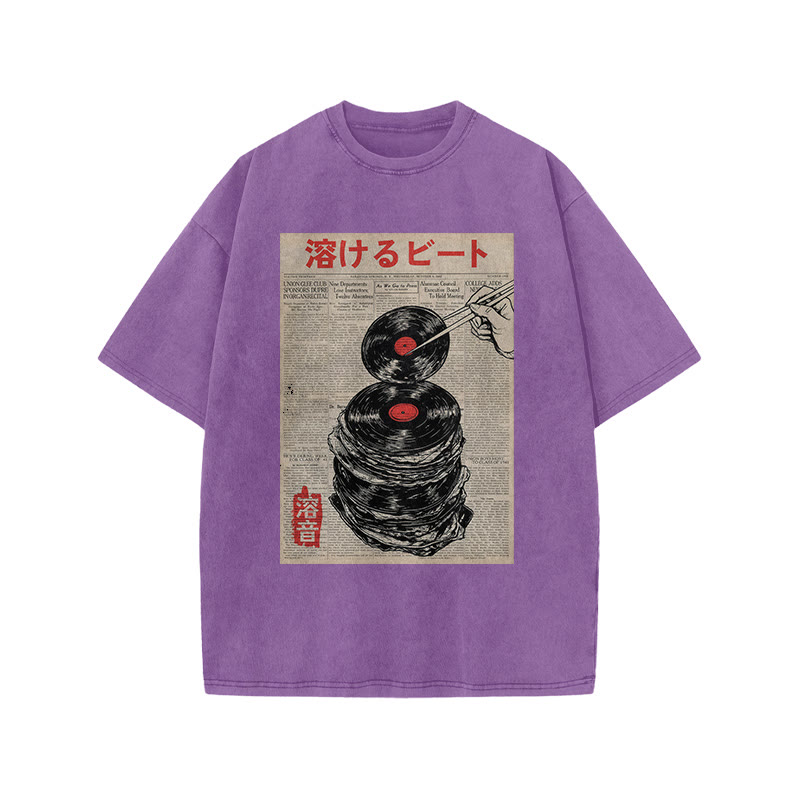 Japanese Retro Vinyl Records Pattern Print Acid Washed T-shirt - Purple - US20-22(3XL) - image 9