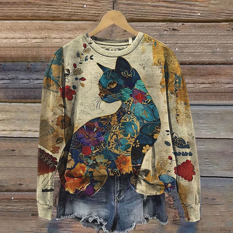 Vintage Cat Print Sweatshirt