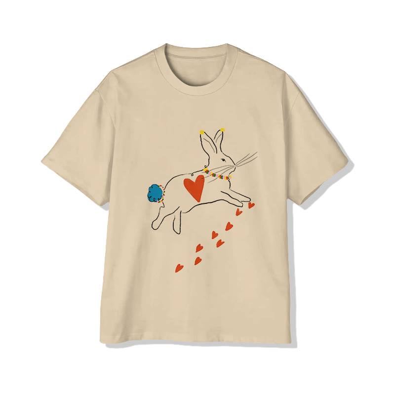 Unisex Valentine's Day Rabbit And Heart Print Short Sleeved Crew Neck T-Shirt - Apricot - 2XL - image 4