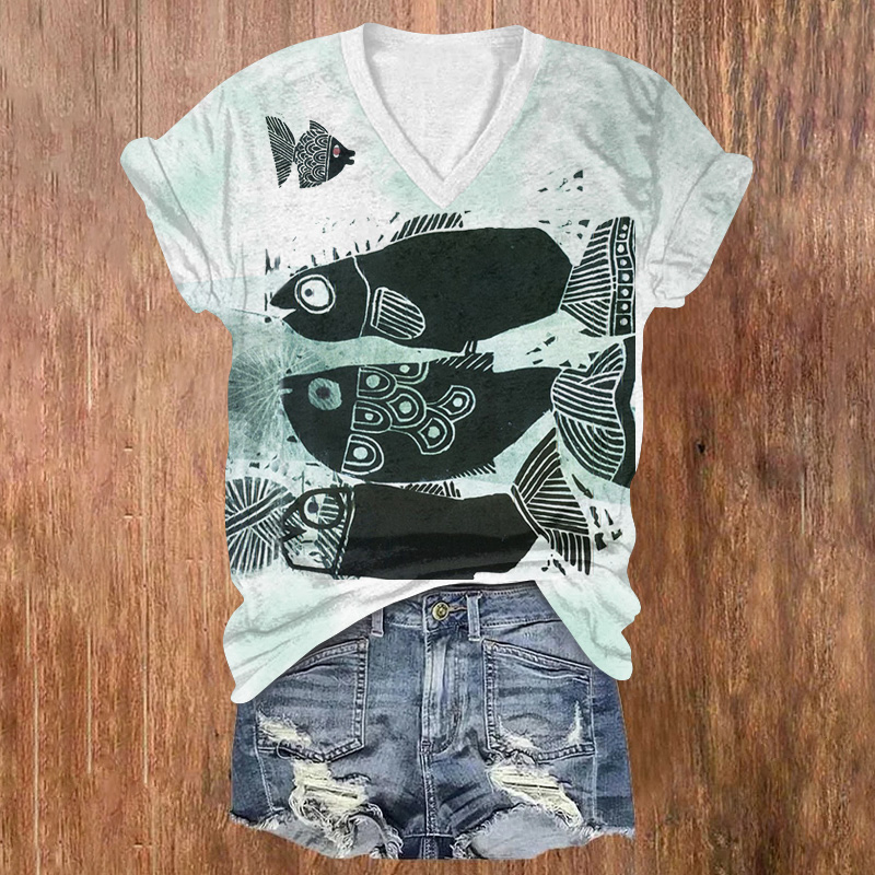 Japanese-style Two-way Stylized Fish Printed Short Sleeved V-neck T-shirt - Light Green - US32-34(5XL) - image 1
