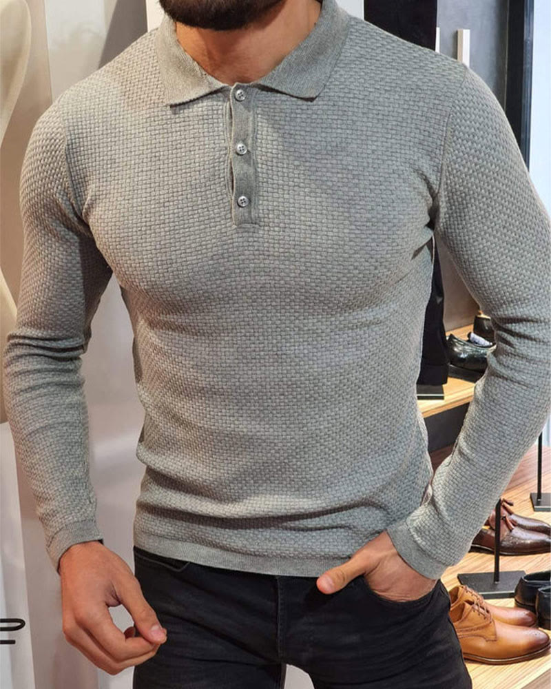 Men's Solid Color Waffle Long Sleeve Polo Shirt - image 12