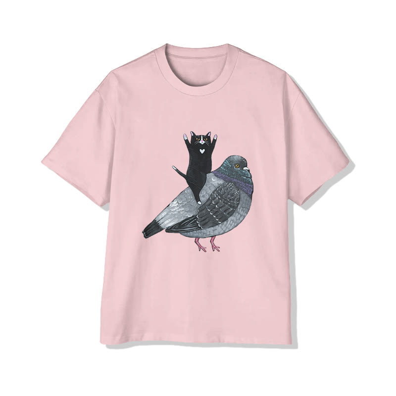 Unisex Funny Black Cat Riding A Bird Print Short Sleeved Crew Neck T-shirt - Pink - 2XL - image 4