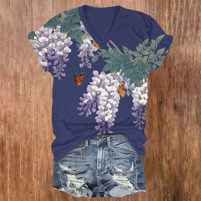 Japanese Watercolor  Lavender Blossom Art Print V-neck T-shirt - Blue - US32-34(5XL) - image 5