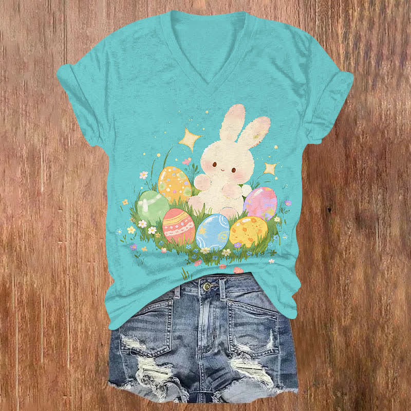 Lovely Bunny & Colorful Easter Egg Print V-neck T-shirt - Sky Blue - US32-34(5XL) - image 6