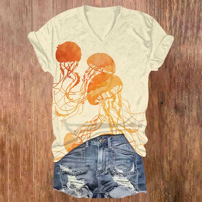 Watercolor Jellyfish Graphic Ocean Print V-neck T-shirt - Apricot - US32-34(5XL) - image 5