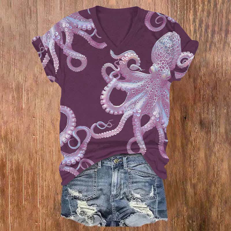 Japanese Vintage Vivid Octopus Art Print V-neck T-shirt - Purple - US32-34(5XL) - image 5