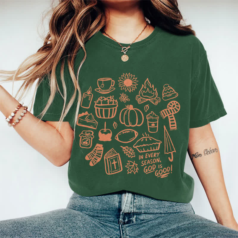 100% Cotton Women's In Every Season, God Is Good! Art Print Casual T-shirt - Dark Green - 2XL - image 9