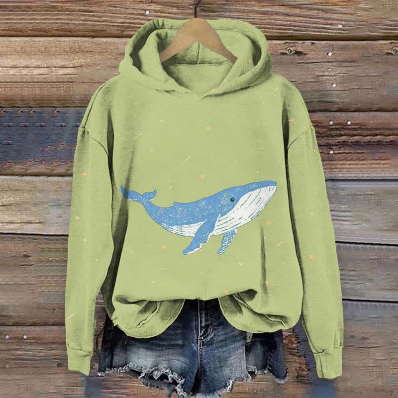 Japanese Lovely Whale In Starry Sky Art Print Long Sleeve Hoodie - Green - US44-46(8XL) - image 3