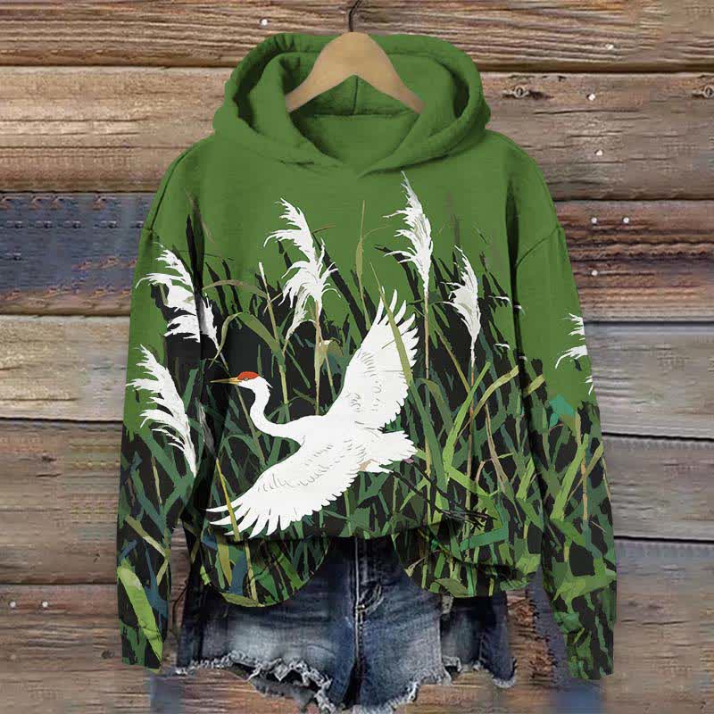 Japanese White Crane Flying Across Reed Marsh Print Long Sleeve Hoodie - Green - US44-46(8XL) - image 6