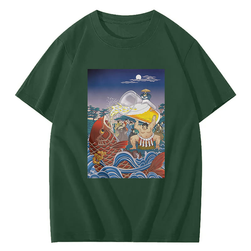 Beer Ukiyo-E Print Short Sleeved Crew Neck T-Shirt - Green - 2XL - image 6