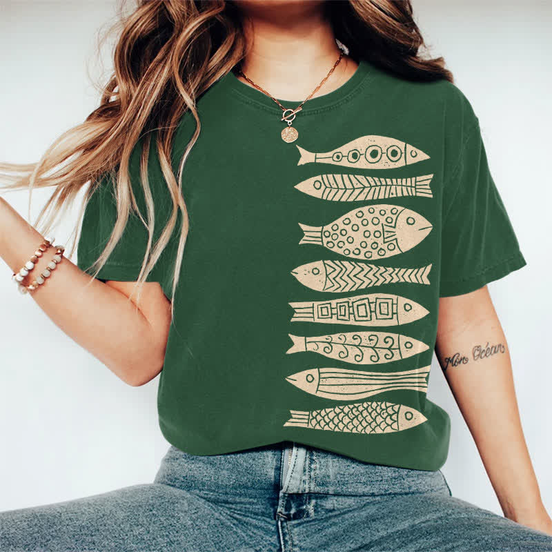 100% Cotton Fish Japanese Lino Art Print Casual T-shirt - Dark Green - 2XL - image 9