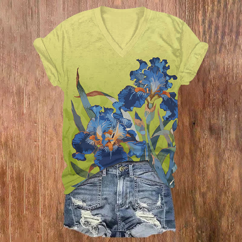 Japanese Vintage Van Gogh Iris Floral Print V-neck T-shirt - Green - US32-34(5XL) - image 3