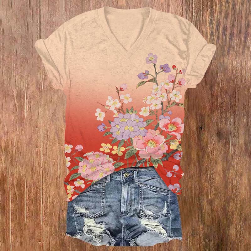 Japanese Flowers Competing For Beauty Art Print V-neck T-shirt - Red - US32-34(5XL) - image 4
