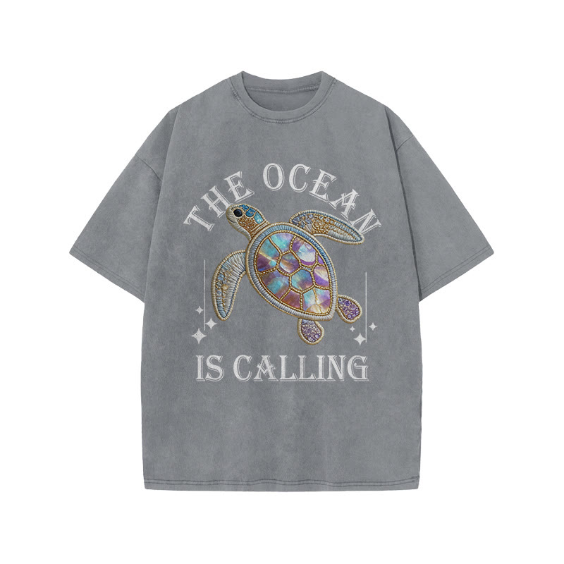 The Ocean Is Calling Sea Turtle Print Acid Washed T-shirt - Grey - US20-22(3XL) - image 4