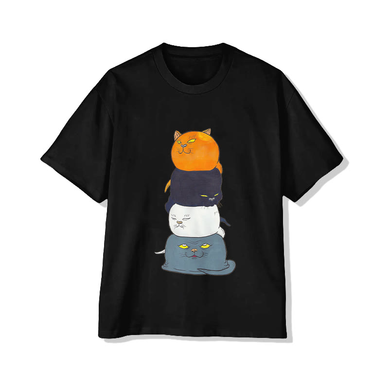 Unisex Stacked Cats Art Print Short Sleeved Crew Neck T-Shirt - Black - 2XL - image 4