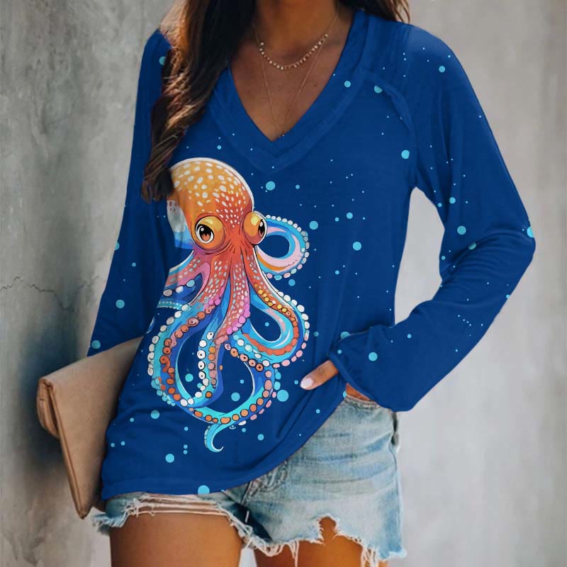 Japanese Funny Bubble Octopus Art Print Long Sleeve T-shirt - Blue - 5XL - image 3