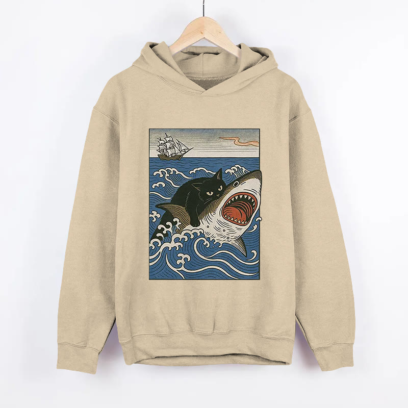 Unisex Cat Hunting Shark  Pattern Long Sleeved Hoodie - Apricot - US44-46(8XL) - image 5