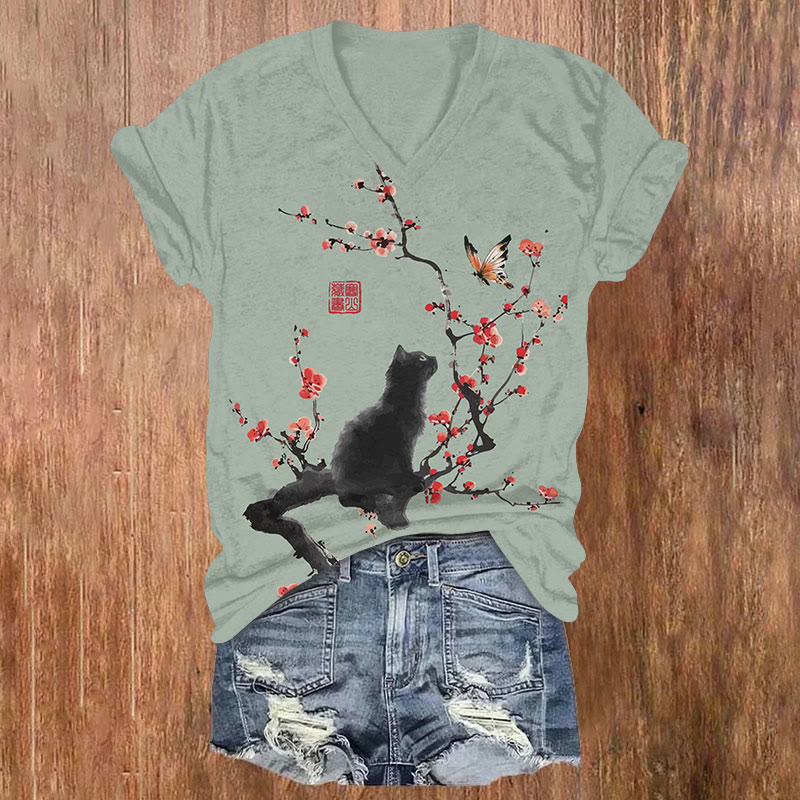 Japanese Style Ink Painting Plum Blossom Black Cat Butterfly Print V-neck T-shirt - Green - US32-34(5XL) - image 3