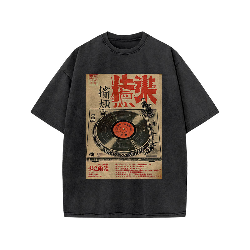 Japanese Turntable Pattern Print Acid Washed T-shirt - Black - US20-22(3XL) - image 3