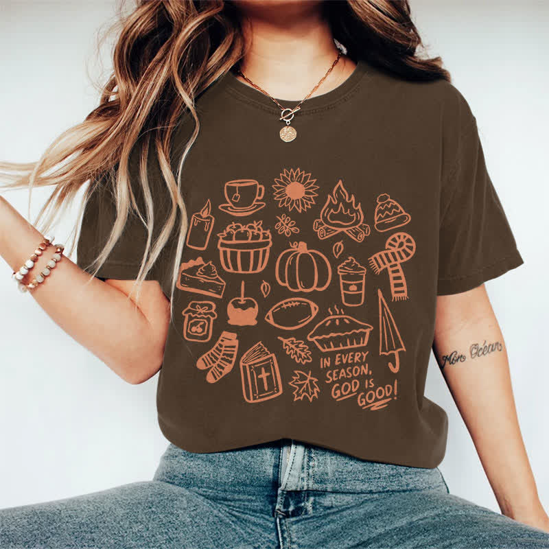 100% Cotton Women's In Every Season, God Is Good! Art Print Casual T-shirt - Coffee - 2XL - image 6