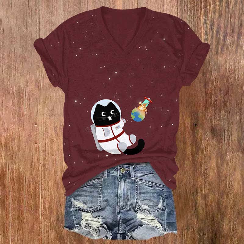 Astronaut Cat Witnessed The Blown Up Earth Print V-neck T-shirt - Wine - US32-34(5XL) - image 3