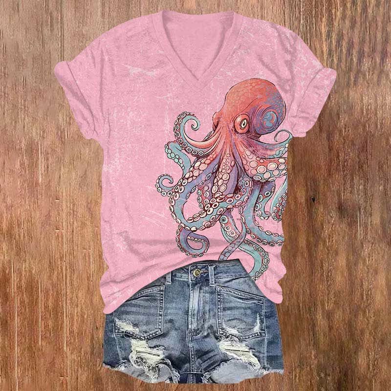 Japanese Funny Dazed Octopus Art Print V-neck T-shirt - Pink - US32-34(5XL) - image 6