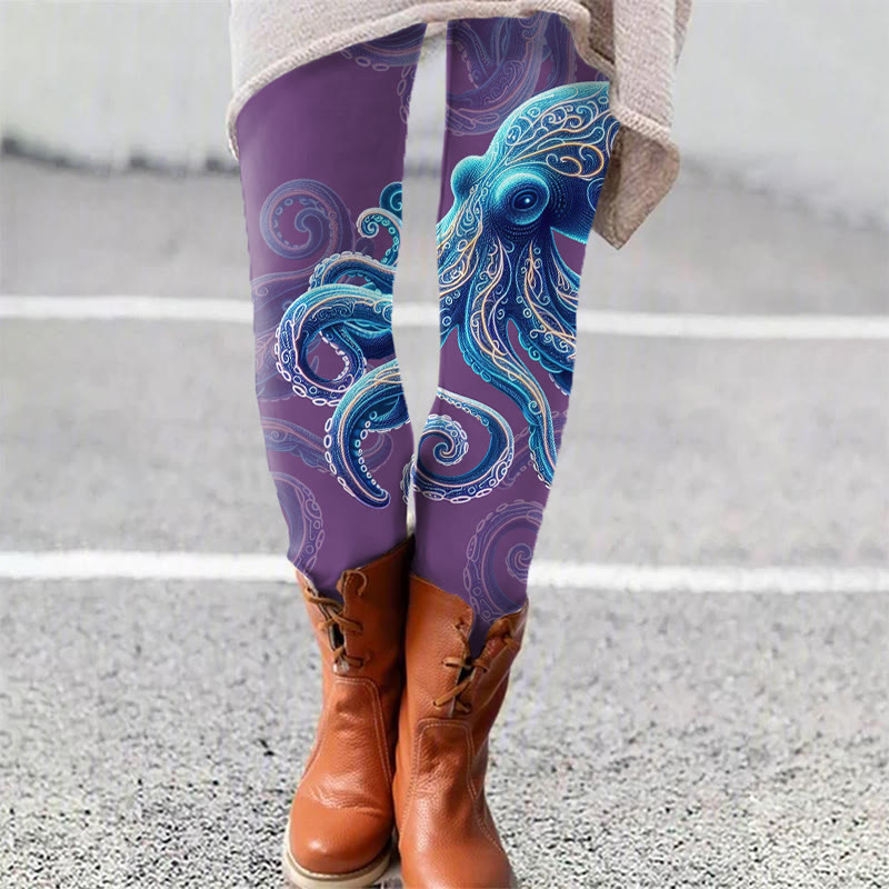 Vintage Wise Ocean Octopus Art Print Leggings - Purple - 5XL - image 3
