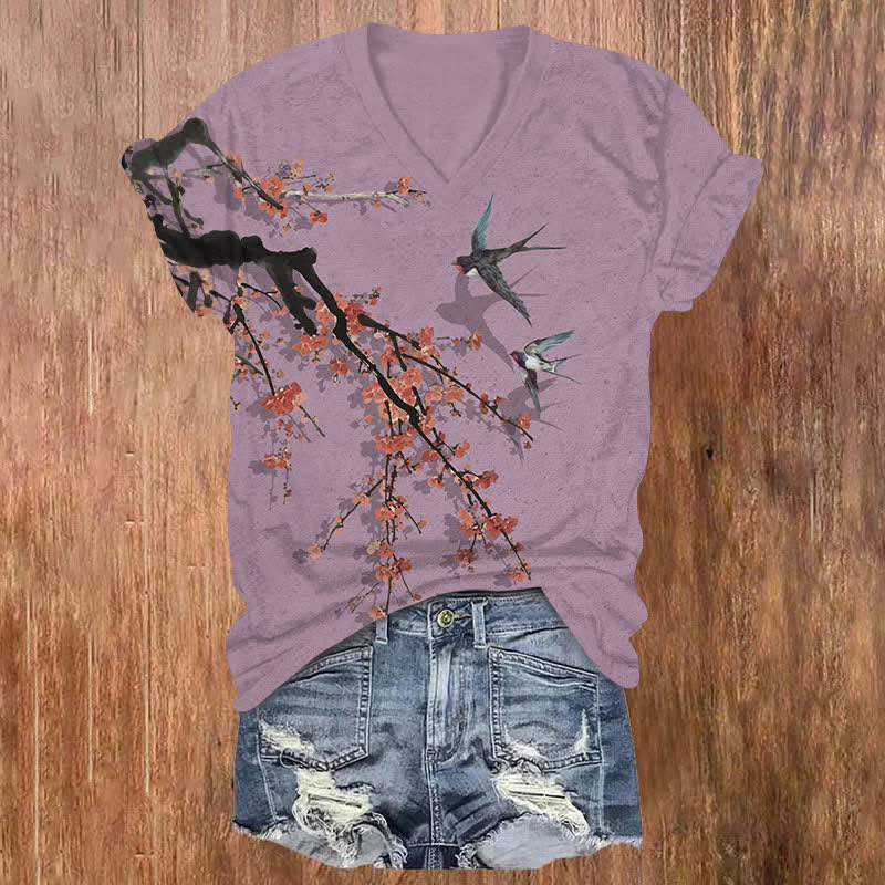 Vintage Japanese Sakura & Swallow Art Print V-neck T-shirt - Purple - US32-34(5XL) - image 3