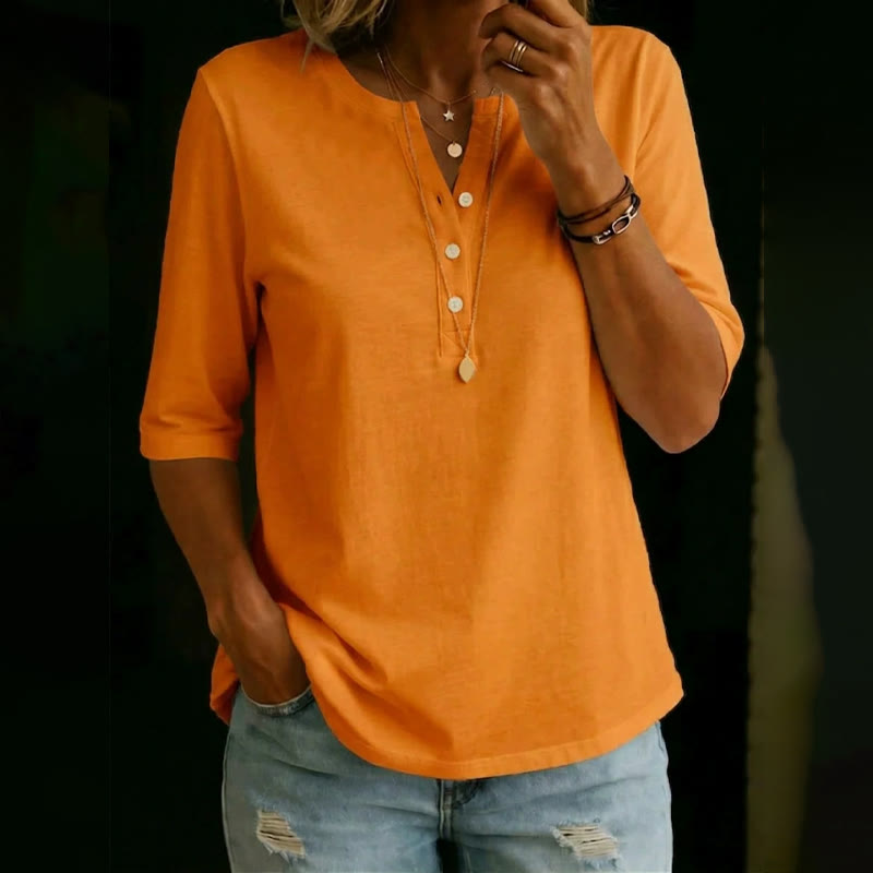 Simple Cozy Henley-collar Mid-sleeve Cotton T-shirt - Orange - US32-34(5XL) - image 8