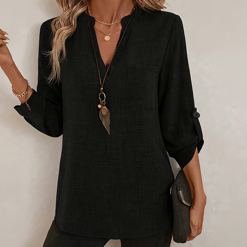 Elegant Solid Single Pocket Notch Collar Long Sleeve Blouse - Black - 2XL - image 8