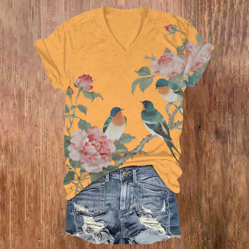 Vintage Rose Blossom & Bird Art Print V-neck T-shirt - Orange - US32-34(5XL) - image 5