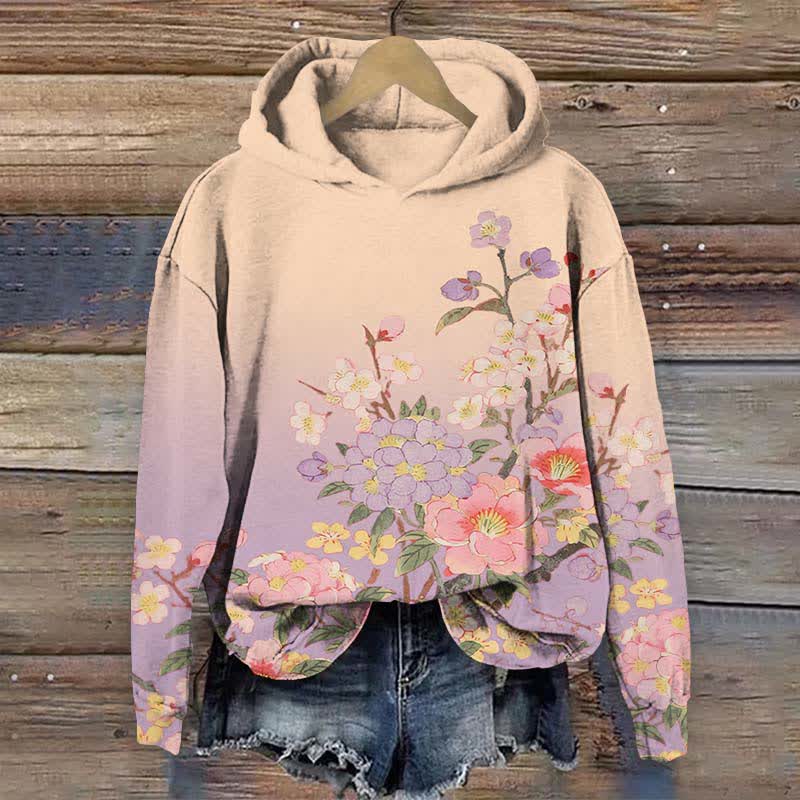 Japanese Flowers Competing For Beauty Art Print Long Sleeve Hoodie - Purple - US44-46(8XL) - image 4