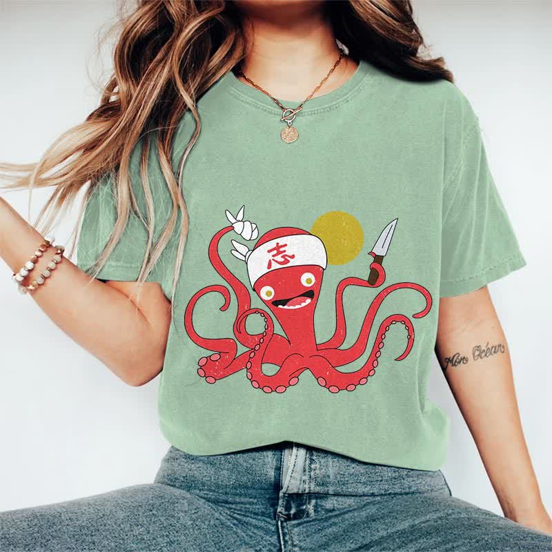 100% Cotton Japanese Funny Octopus Chef Art T-shirt - Green - 2XL - image 11
